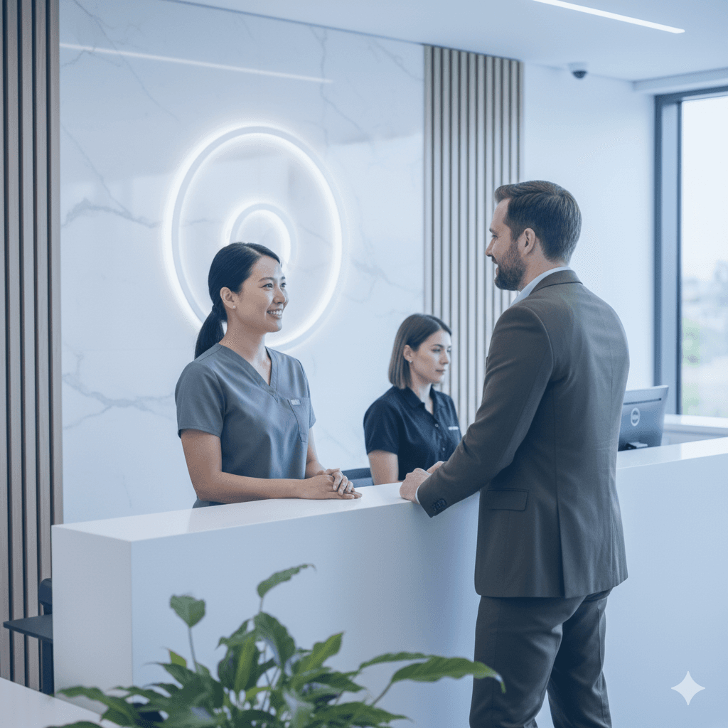A healthcare professional speaking with a patient in a bright, modern clinic, demonstrating a calm, trustworthy patient experience.
