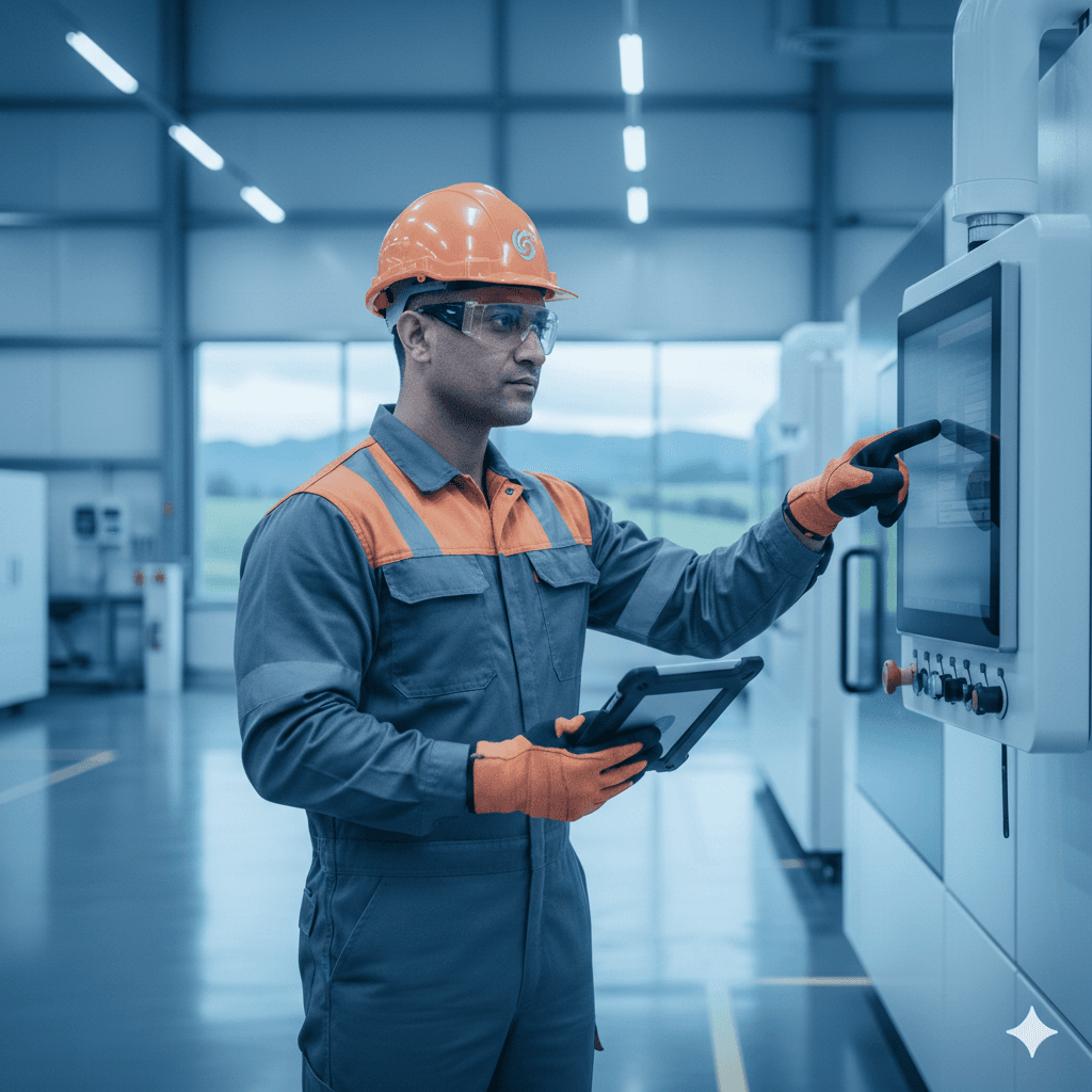 A confident industrial operations manager in a high-visibility vest stands on a clean factory floor, reviewing data on a tablet with a secure AI interface.