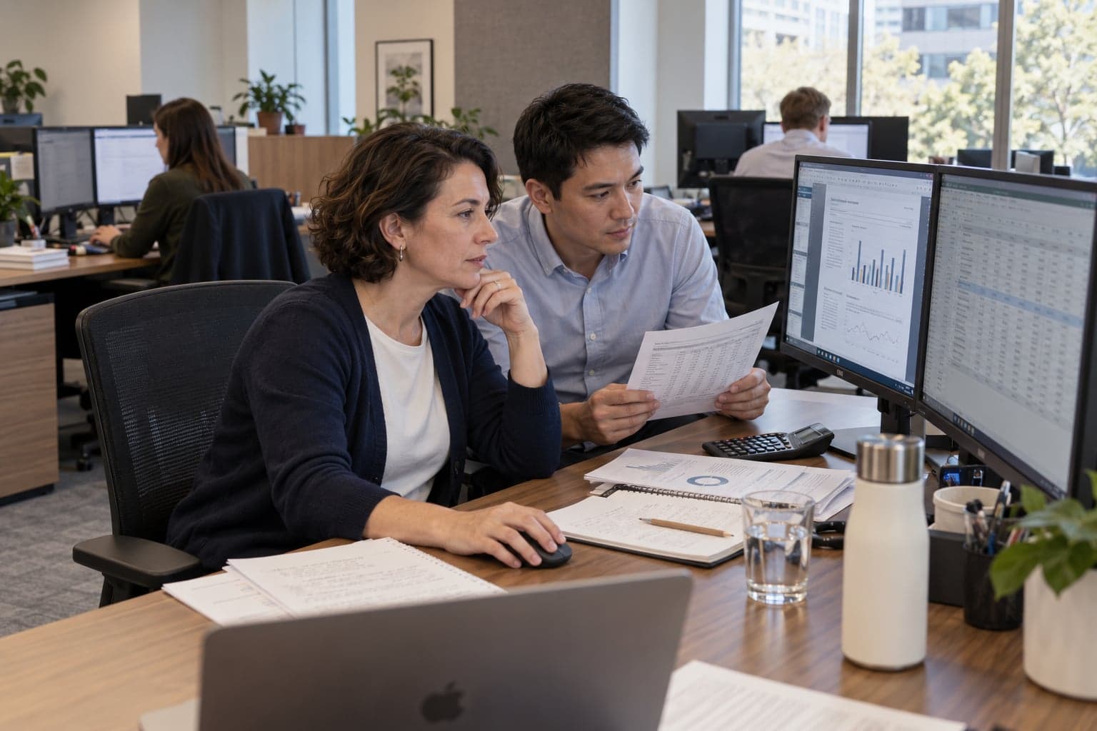 Illustrative scene of investment colleagues checking portfolio reports against source figures
