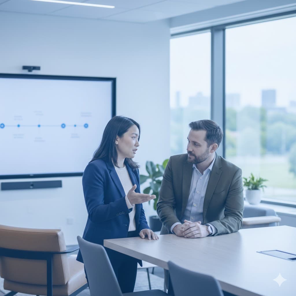 Two professionals in a modern boardroom discussing AI strategy with data displayed on screen