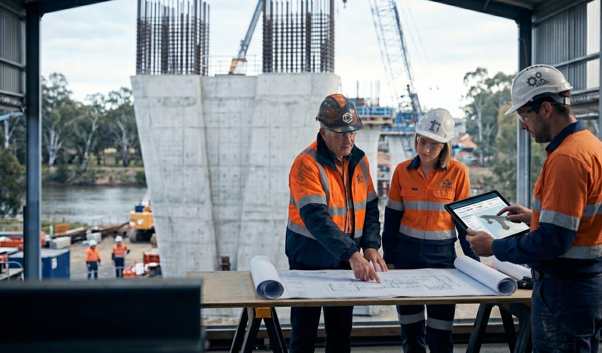 A project lead and site engineers reviewing plans on a tablet at a bridge construction site