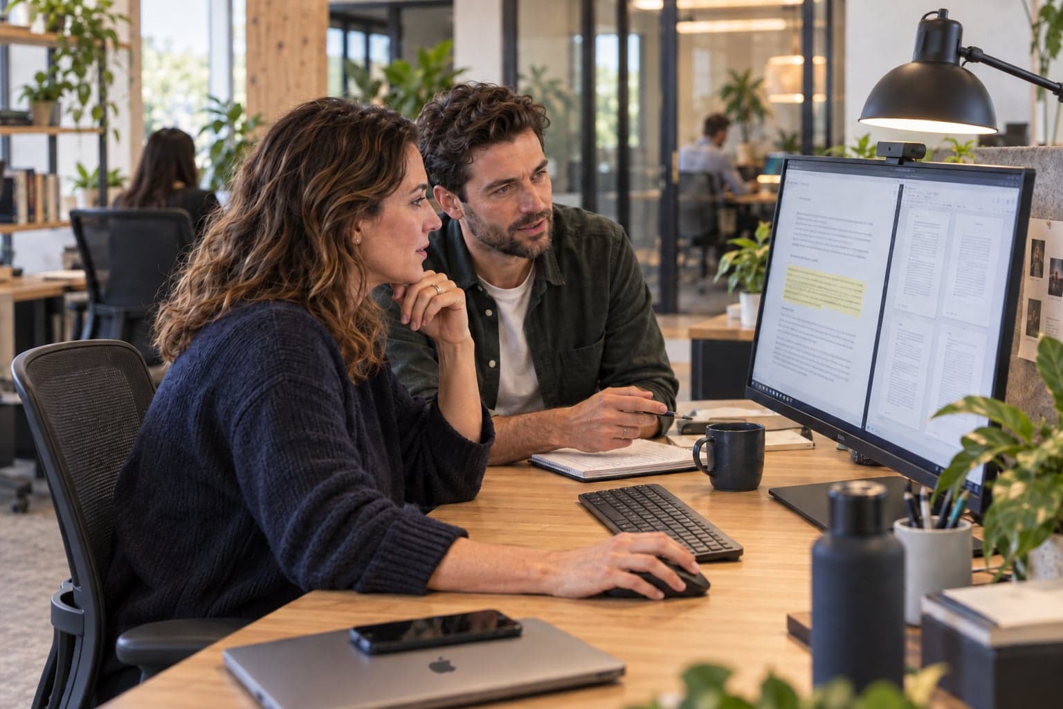 Illustrative scene of two colleagues reviewing a draft alongside source documents at a shared screen