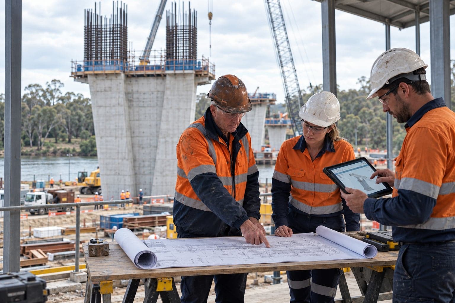 Illustrative scene of site engineers comparing bridge plans with a digital model