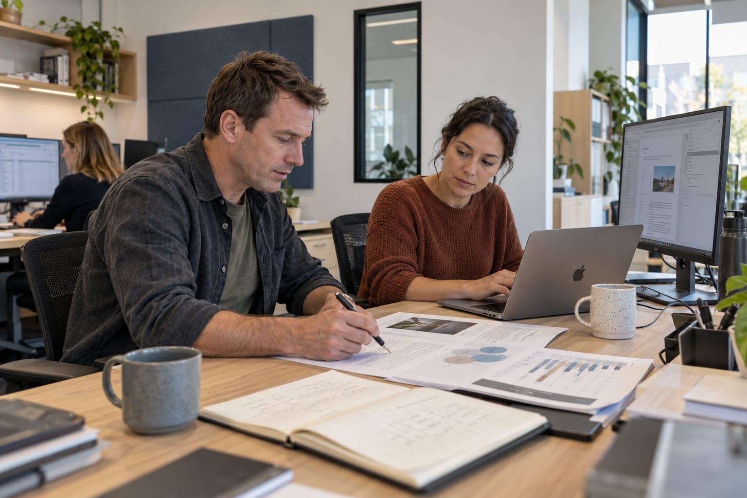 Illustrative scene of colleagues reviewing and completing a client deliverable