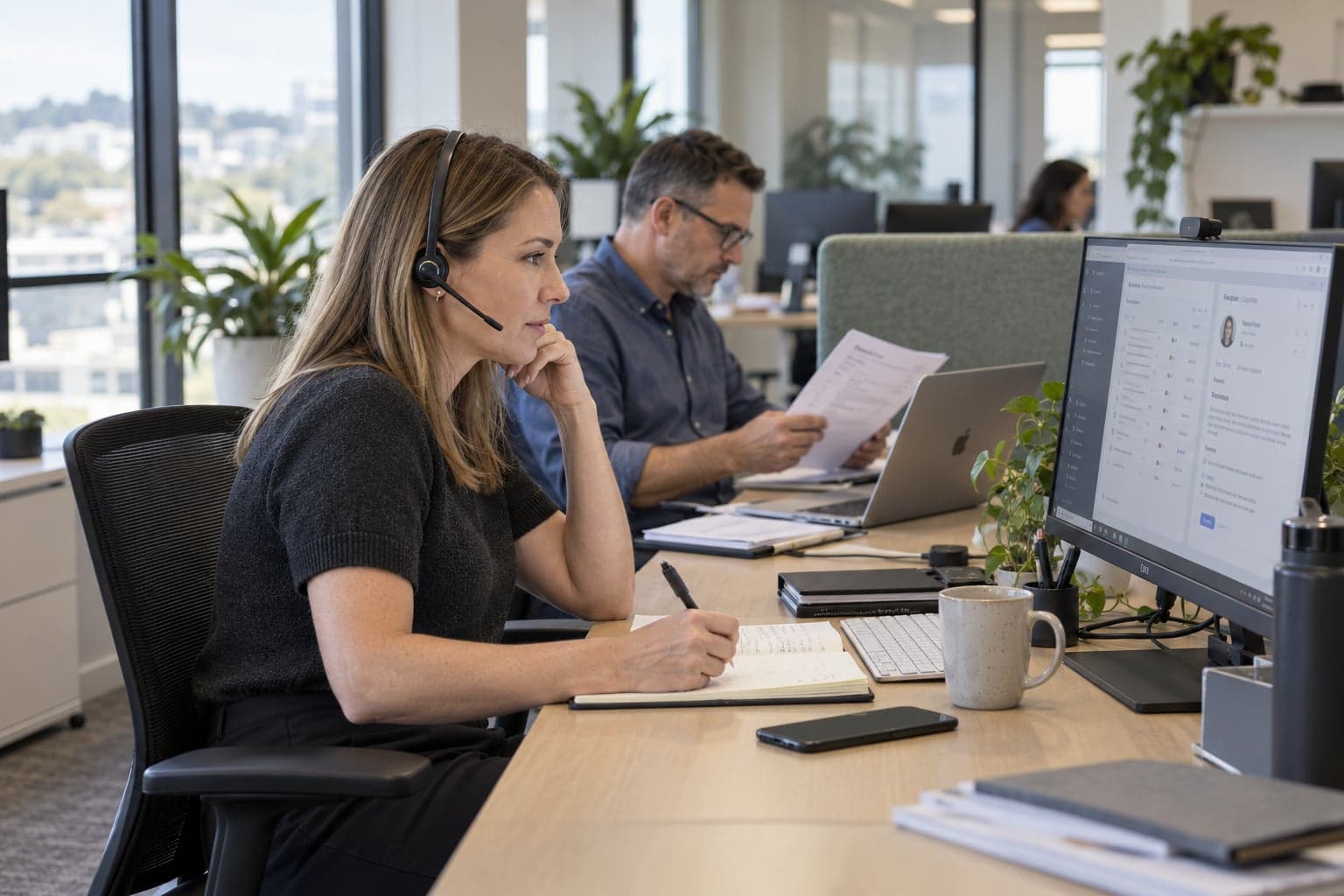 Illustrative scene of a recruiter following up with a candidate while updating a CRM